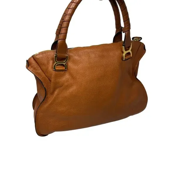 Chloe Large Marcie Pebbled Leather Satchel Bag Tan Cognac Gold Hardware w COA - Picture 5 of 16